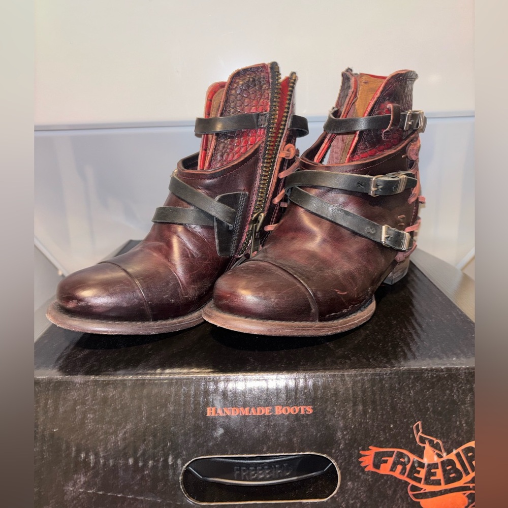 Freebird Dark Brown and Red Ankle Boots